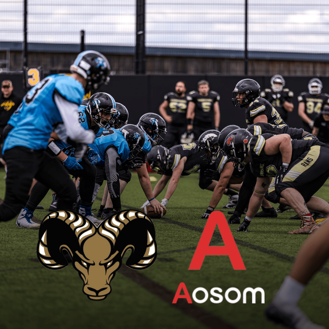 Yorkshire Rams American Football players lined up on a field against their opponents, with Yorkshire Rams and Aosom logos, representing a successful headline sports sponsorship deal.